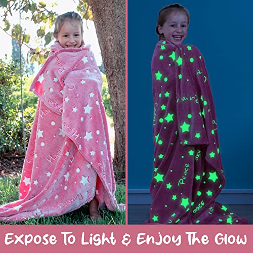 LIDERSTAR Glow in The Dark Throw Blanket, Super Soft Fuzzy Plush Fleece, Decorated with Stars and Words of Encouragement, Birthday Gift for Girls Kids Women Teens Grandkids Toddlers, Pink, 50" x 60" - Image 2