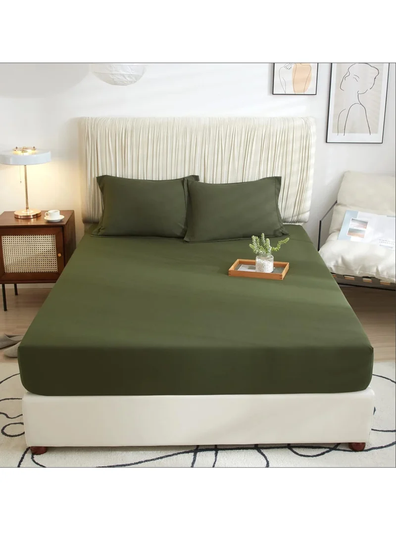 Donetella Bedding Fitted Sheet 2-Pcs Single Size Solid Bed Sheet Set Fits(90x190CM) With Pillowcases And 30 CM Extra Deep Brushed Microfiber Bed Sheet,Olive Green