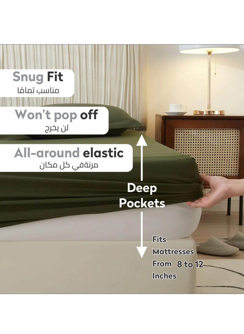 Donetella Bedding Fitted Sheet 2-Pcs Single Size Solid Bed Sheet Set Fits(90x190CM) With Pillowcases And 30 CM Extra Deep Brushed Microfiber Bed Sheet,Olive Green