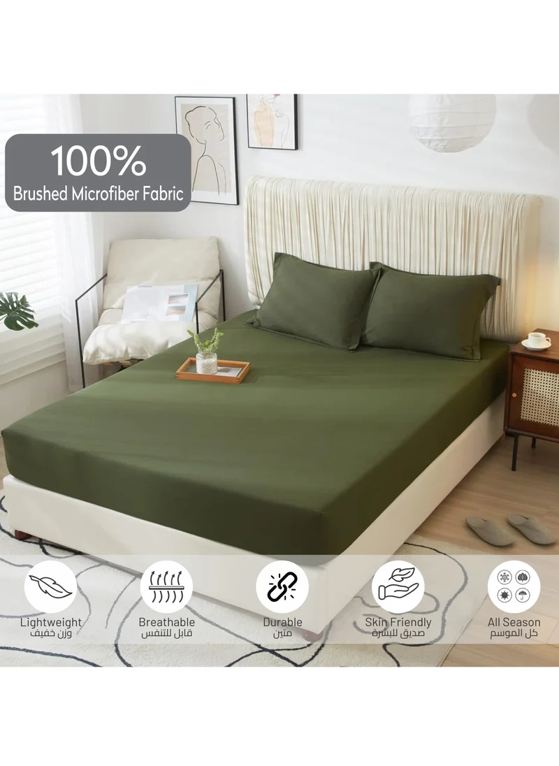 Donetella Bedding Fitted Sheet 2-Pcs Single Size Solid Bed Sheet Set Fits(90x190CM) With Pillowcases And 30 CM Extra Deep Brushed Microfiber Bed Sheet,Olive Green
