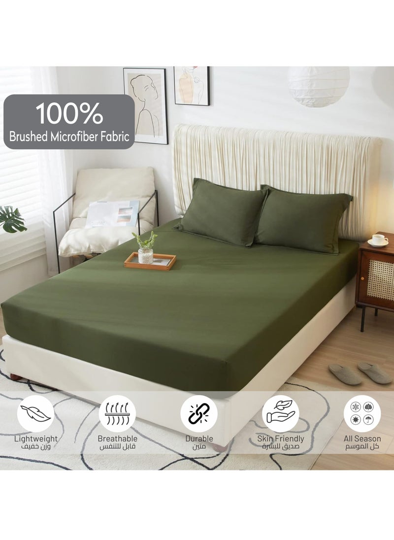 Donetella - Bedding Fitted Sheet 2-Pcs Single Size Solid Bed Sheet Set Fits(90x190CM) With Pillowcases And 30 CM Extra Deep Brushed Microfiber Bed Sheet,Olive Green - Image 1