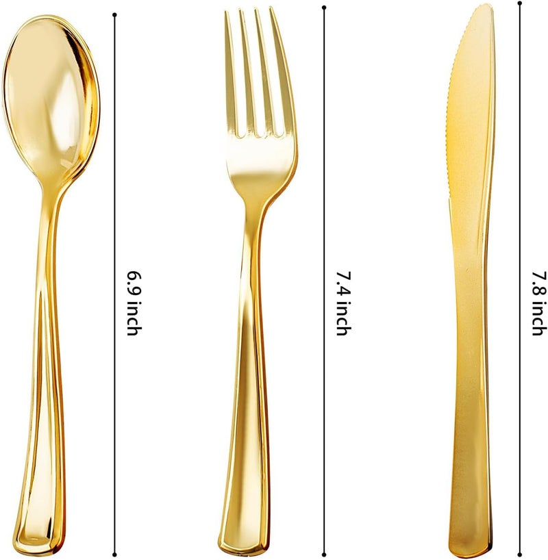 NOCCUR 400PCS Gold Silverware Disposable - Gold Plastic Silverware - Gold Plastic Cutlery Include 200 Forks  100 Spoons  100 Knives  Gold Disposable Silverware Perfect for Party&Daily Using - Image 2