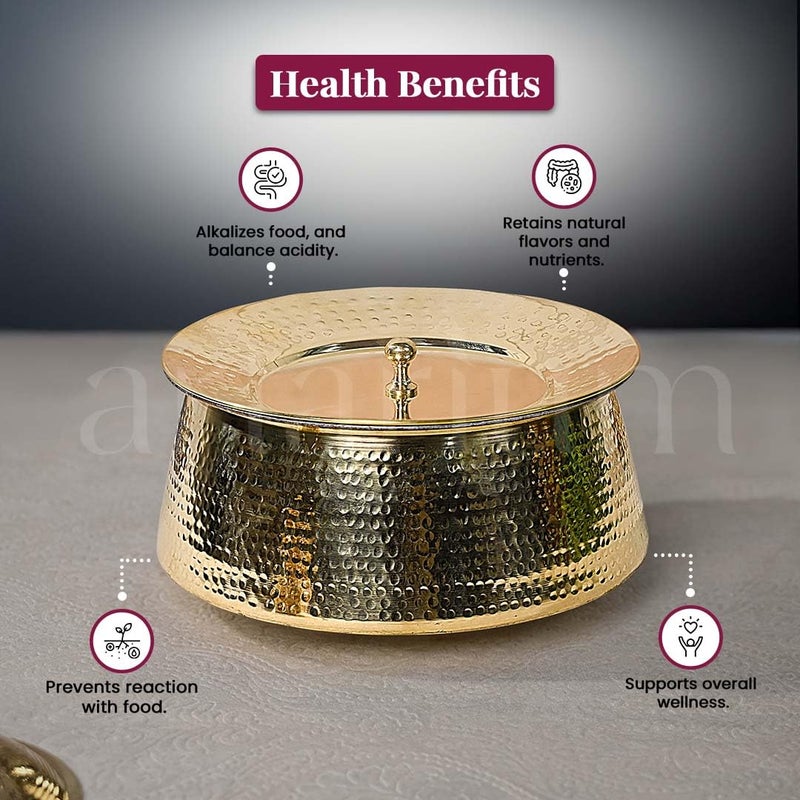 Artarium Pure Brass Lagaan Tin Coated Hammered 3 Litre Lagaan with Lid Handcrafted Harmless Premium Patila with Lid with Health Benefits Brass Kitchen Utensils Serving Pot (Brass Handi 3 Litre) - Image 5