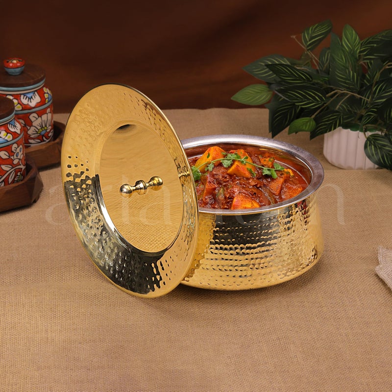 Artarium Pure Brass Lagaan Tin Coated Hammered 3 Litre Lagaan with Lid Handcrafted Harmless Premium Patila with Lid with Health Benefits Brass Kitchen Utensils Serving Pot (Brass Handi 3 Litre) - Image 2