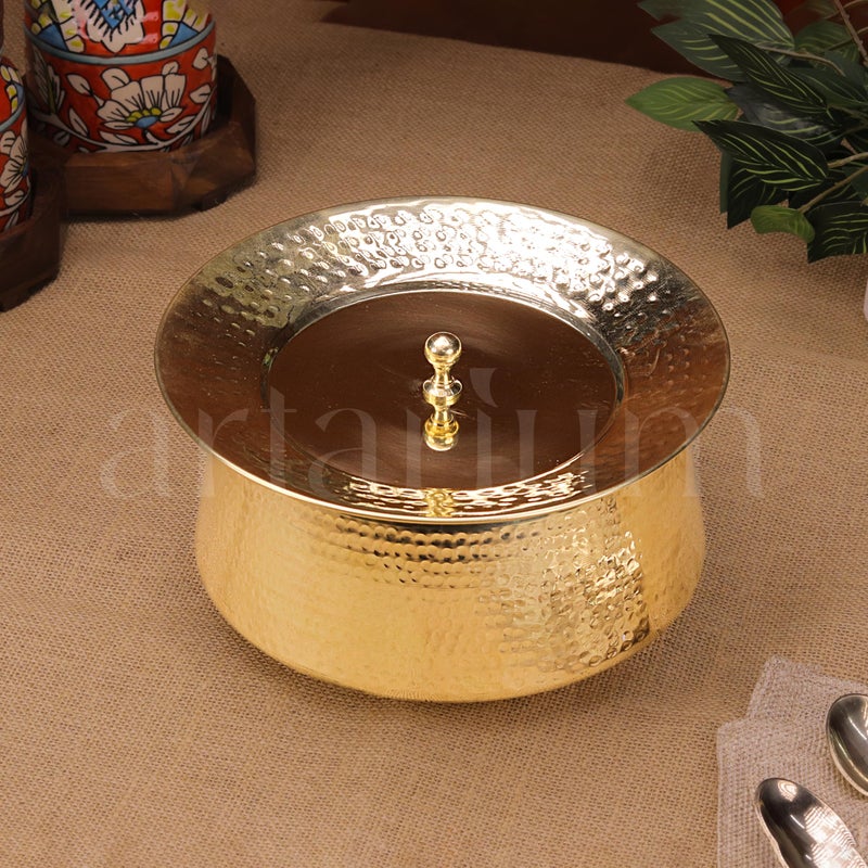 Artarium Pure Brass Lagaan Tin Coated Hammered 3 Litre Lagaan with Lid Handcrafted Harmless Premium Patila with Lid with Health Benefits Brass Kitchen Utensils Serving Pot (Brass Handi 3 Litre) - Image 3
