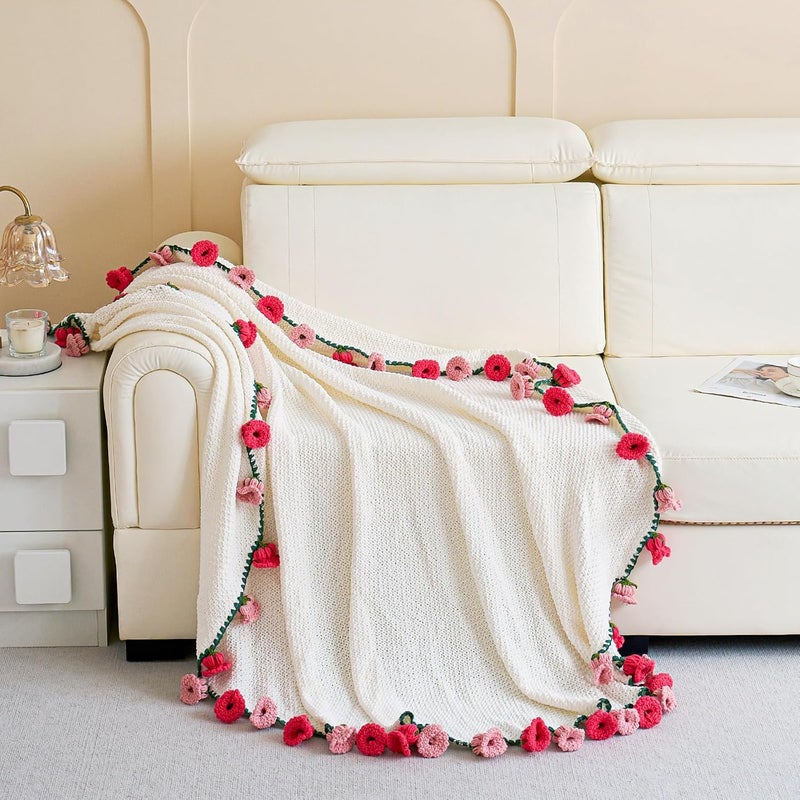 Longhui bedding بطانية زهرة الورد الوردية، بطانية دائرية عملاقة ناعمة مصنوعة من مادة الشينيل (بيج، 40 بوصة) - Image 3