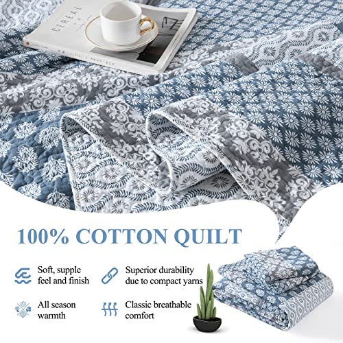 DDUOXIN Floral Quilt King Size - 100% Cotton Reversible King Quilt with 2 Pillow Shams, Farmhouse Soft Bedspreads Lightweight Stripe Quilts Bedding Set, Country Blue/Grey - Image 4