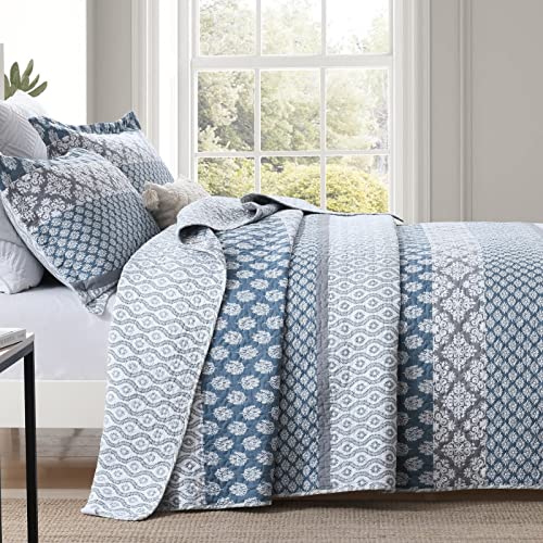 DDUOXIN Floral Quilt King Size - 100% Cotton Reversible King Quilt with 2 Pillow Shams, Farmhouse Soft Bedspreads Lightweight Stripe Quilts Bedding Set, Country Blue/Grey - Image 2