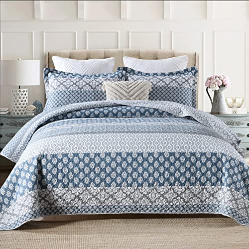 DDUOXIN Floral Quilt King Size - 100% Cotton Reversible King Quilt with 2 Pillow Shams, Farmhouse Soft Bedspreads Lightweight Stripe Quilts Bedding Set, Country Blue/Grey - Image 1