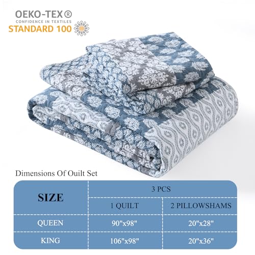 DDUOXIN Floral Quilt King Size - 100% Cotton Reversible King Quilt with 2 Pillow Shams, Farmhouse Soft Bedspreads Lightweight Stripe Quilts Bedding Set, Country Blue/Grey - Image 3