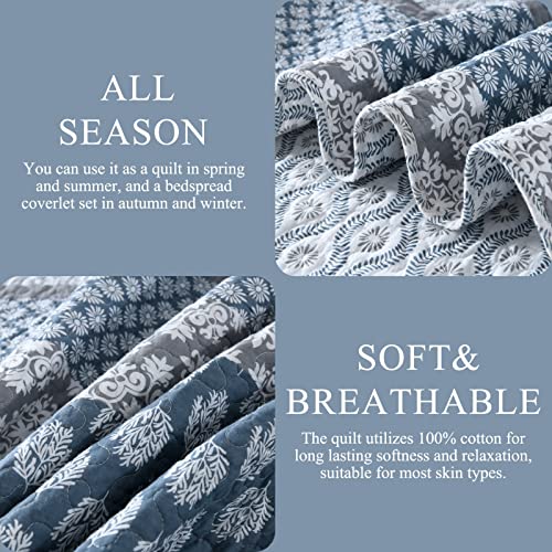 DDUOXIN Floral Quilt King Size - 100% Cotton Reversible King Quilt with 2 Pillow Shams, Farmhouse Soft Bedspreads Lightweight Stripe Quilts Bedding Set, Country Blue/Grey - Image 5