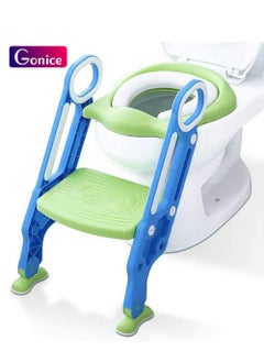 Gonice Potty Training Toilet Seat with Step Stool Ladder for Boys and Girls Baby Toddler Kid Children Toilet Training Seat Chair with Handles Padded Seat Non-Slip Wide Step (Blue Green)  - Image 1