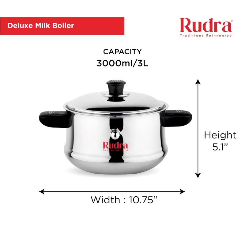 RUDRA Rudra Stainless Steel Deluxe Milk Boiler|3 Litre|202 Grade Steel|Spill-Proof & Double-Walled|Whistle Indicator for Safe Boiling|Induction & Gas Compatible|Premium Mirror Finish|Multipurpose Cooker  - Image 2