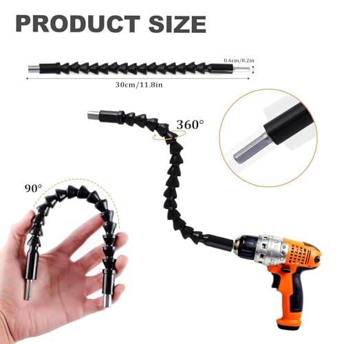 CIGOTU 17Pcs Flexible Drill Bit Extension, Include 3Pcs Rotatable Socket Adapter 2Pcs Hex Shank 105° Right Angle Drill Attachment 10 Short Screwdriver Bits 90° Angled Bits and Bendable Extension - Image 3