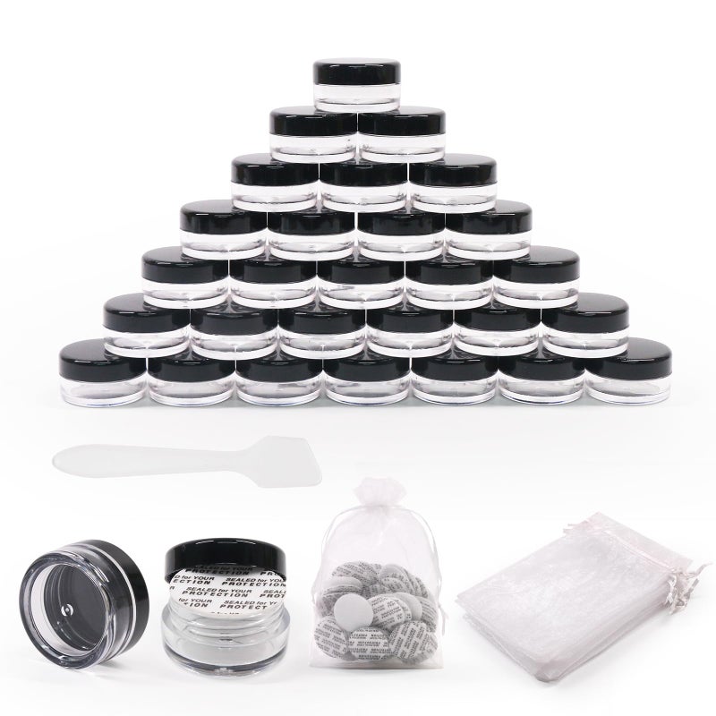 SumDirect 5 Gram Cosmetic Containers - 100Pcs Sample Jars with Lids, Small Plastic Makeup Sample Containers with 10Pcs Organza Bags and a Scoop