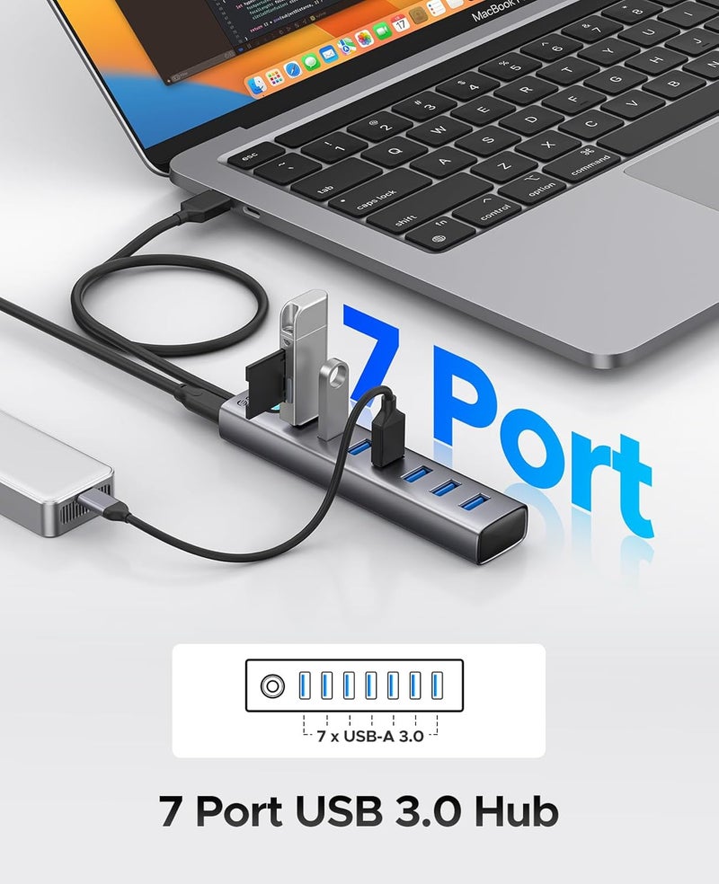 Orico USB 3.0 Hub, 5Gbps Aluminum 7 Port USB Hub, 50 cm Long Cable with 5V/3A Type-C Power Port, Multiple USB 3.0 Adapter Compatible with MacBook, PS4, Surface Pro, HP - Image 2