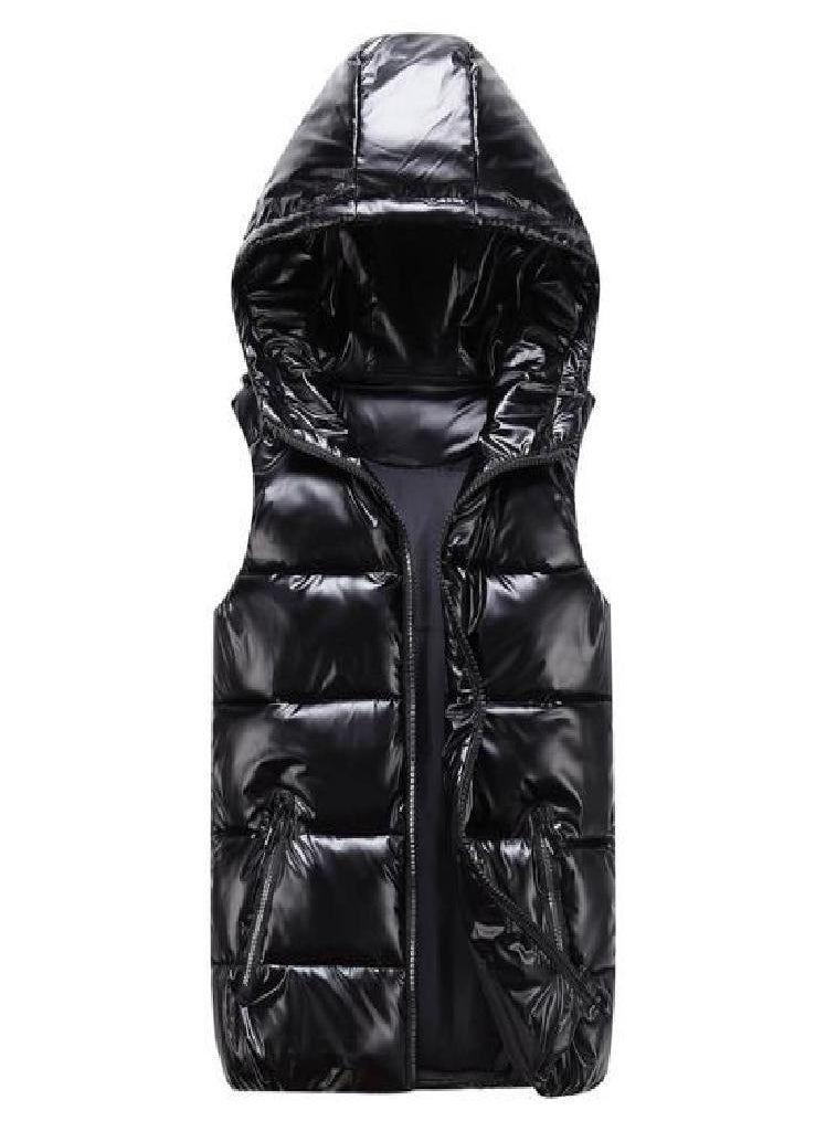 Eckek - Women Winter Vest Solid Color Hooded Warm Elastic Hem Pockets Bright Color Quilted Vest Waistcoat - Image 1