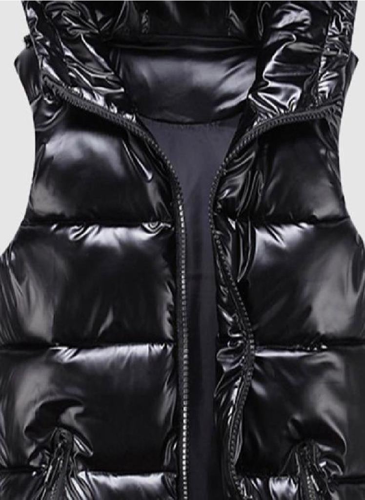 Eckek - Women Winter Vest Solid Color Hooded Warm Elastic Hem Pockets Bright Color Quilted Vest Waistcoat - Image 1