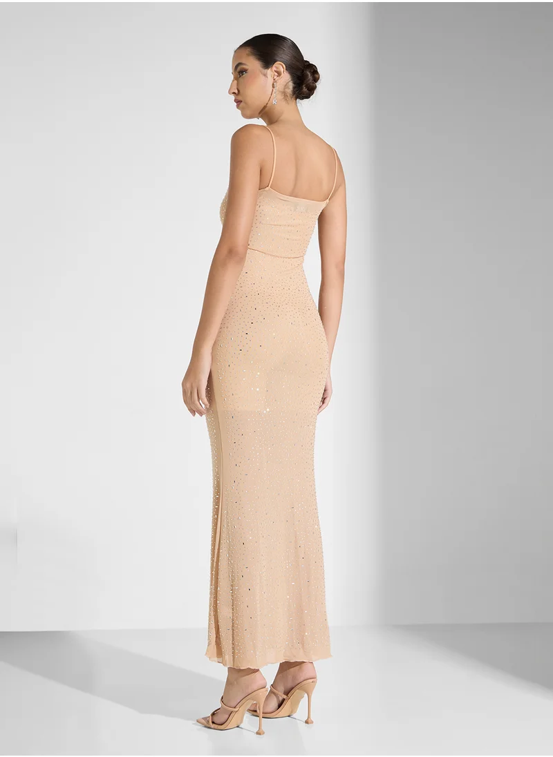 جينجر Strappy Sequin Detail Evening Dress In Golden