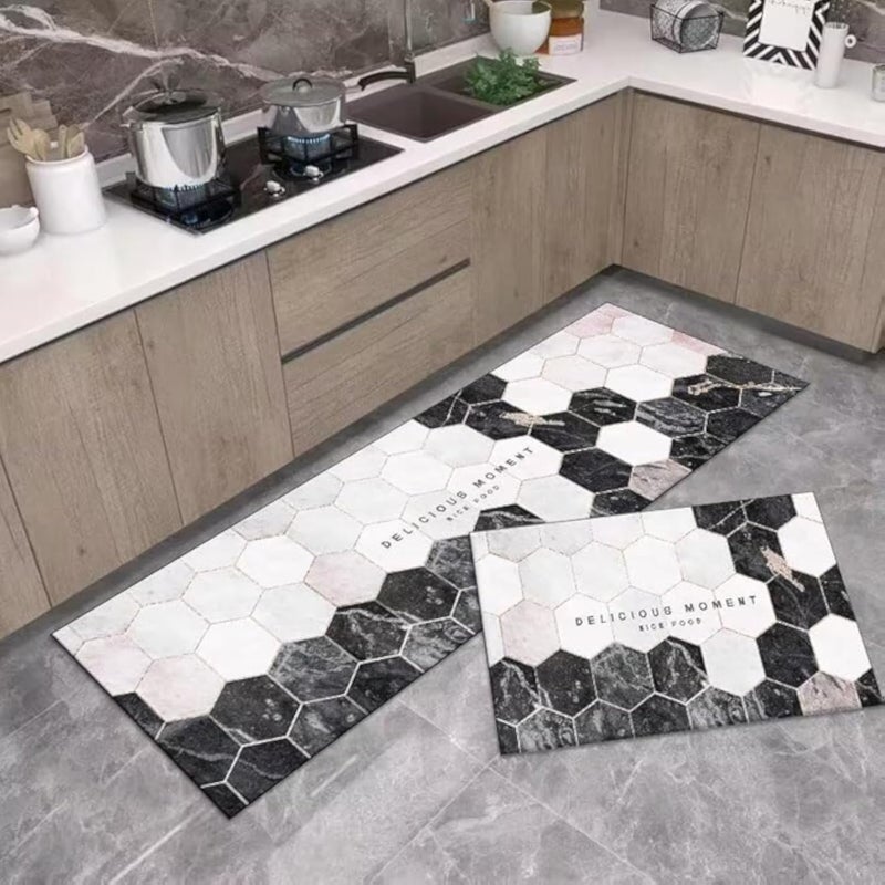 LESTER Oil-Proof Non-Slip Diatom Leather Skin Kitchen Mat, 40 cm x 60 cm/40 cm x 120 cm Size, White/Black