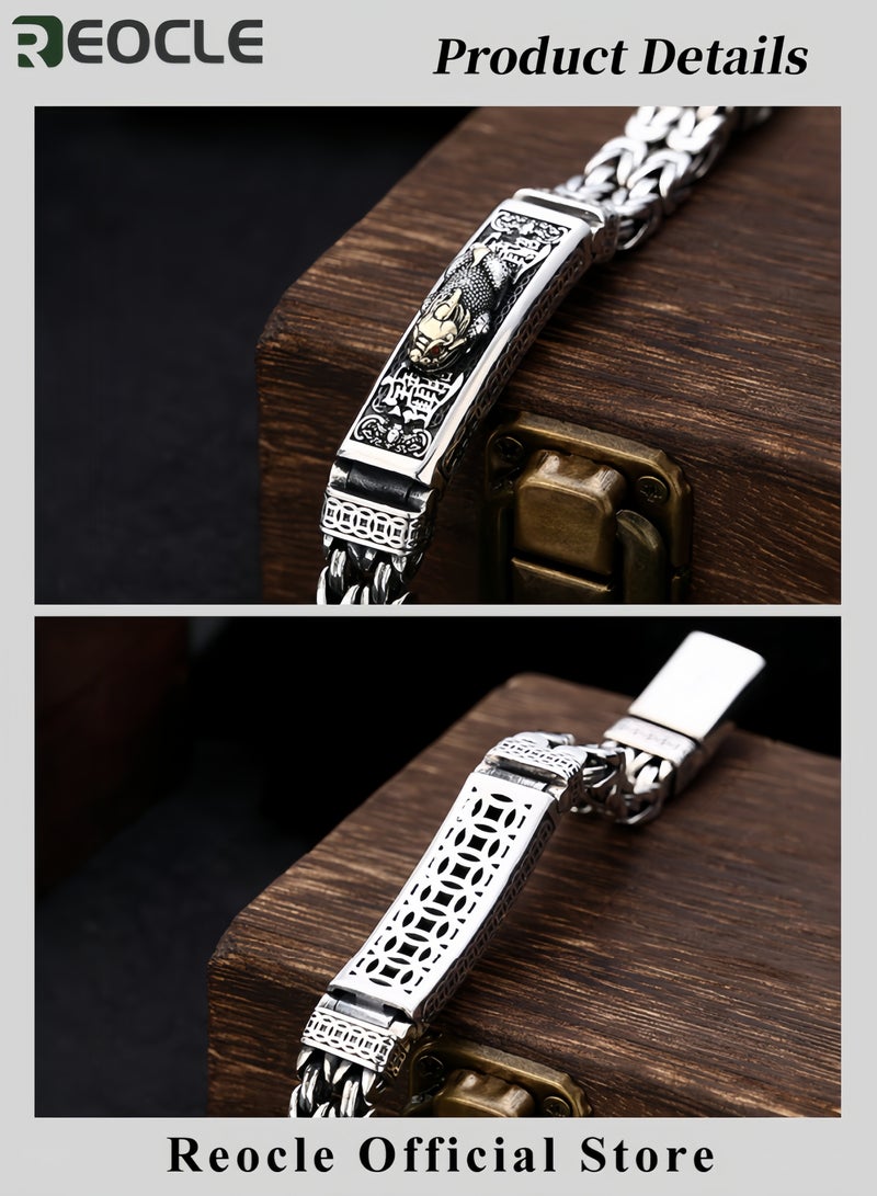REOCLE Unisex Silver Plating Bracelet Vintage Silver Bracelet with Mythical Creature Carving Pattern  - Image 2