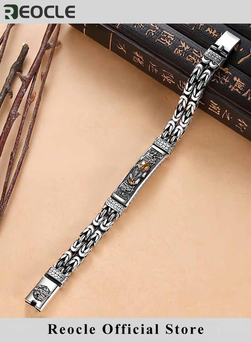 REOCLE Unisex Silver Plating Bracelet Vintage Silver Bracelet with Mythical Creature Carving Pattern  - Image 3
