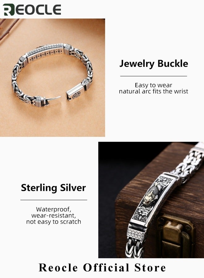 REOCLE Unisex Silver Plating Bracelet Vintage Silver Bracelet with Mythical Creature Carving Pattern  - Image 4