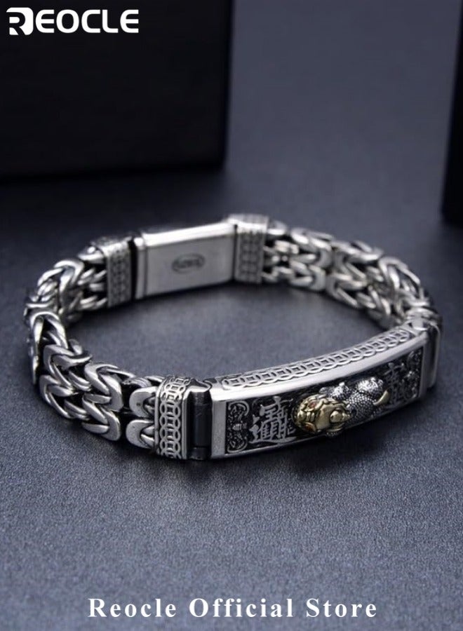 REOCLE Unisex Silver Plating Bracelet Vintage Silver Bracelet with Mythical Creature Carving Pattern  - Image 5
