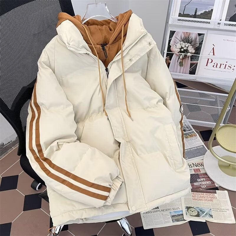 Mens Autumn and Winter fleece-lined Thickened Fake Two-piece Cotton-padded Jacket Mens Down Cotton-padded Jacket Mens Trendy Brand Winter Coat Beige