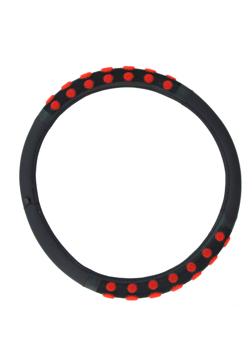 Universal Car Steering Wheel Protector Cover Black Leather-Red Line+Red Silicone 38CM