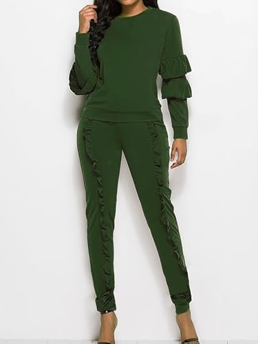 Kansoon Women 2 Pieces Outfits Puff Sleeve Top and Long Ruffle Pants Sweatsuits Set Tracksuits Green X-Large - Image 5