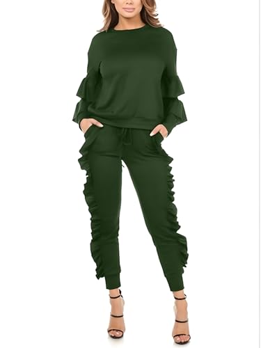 Kansoon Women 2 Pieces Outfits Puff Sleeve Top and Long Ruffle Pants Sweatsuits Set Tracksuits Green X-Large - Image 3