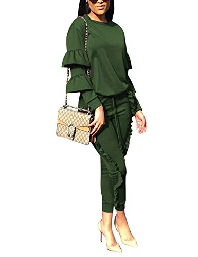 Kansoon Women 2 Pieces Outfits Puff Sleeve Top and Long Ruffle Pants Sweatsuits Set Tracksuits Green X-Large - Image 1