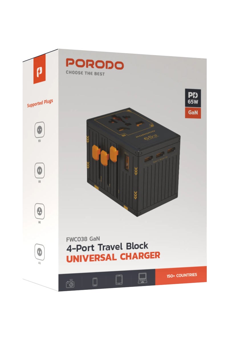 porodo GaN 5-Port Travel Block Universal Charger 2500W/ 4 USB-C/ 1 USB-A / UK/EU/US & AU Plugs / Built-in Safeguards/ 150+ Countries / Dual Fuse / PD 65W / Compact and Travel Friendly Wall Charger - Black - Image 5