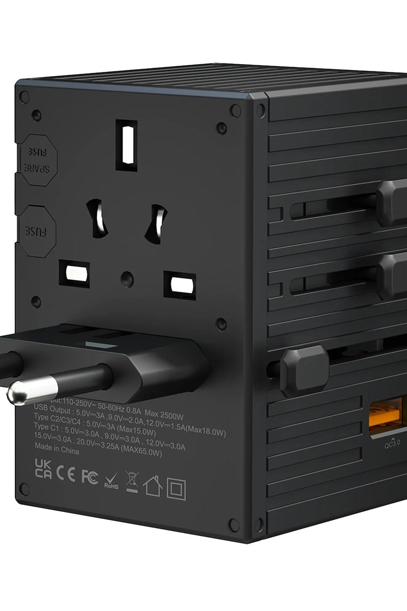 porodo GaN 5-Port Travel Block Universal Charger 2500W/ 4 USB-C/ 1 USB-A / UK/EU/US & AU Plugs / Built-in Safeguards/ 150+ Countries / Dual Fuse / PD 65W / Compact and Travel Friendly Wall Charger - Black - Image 2