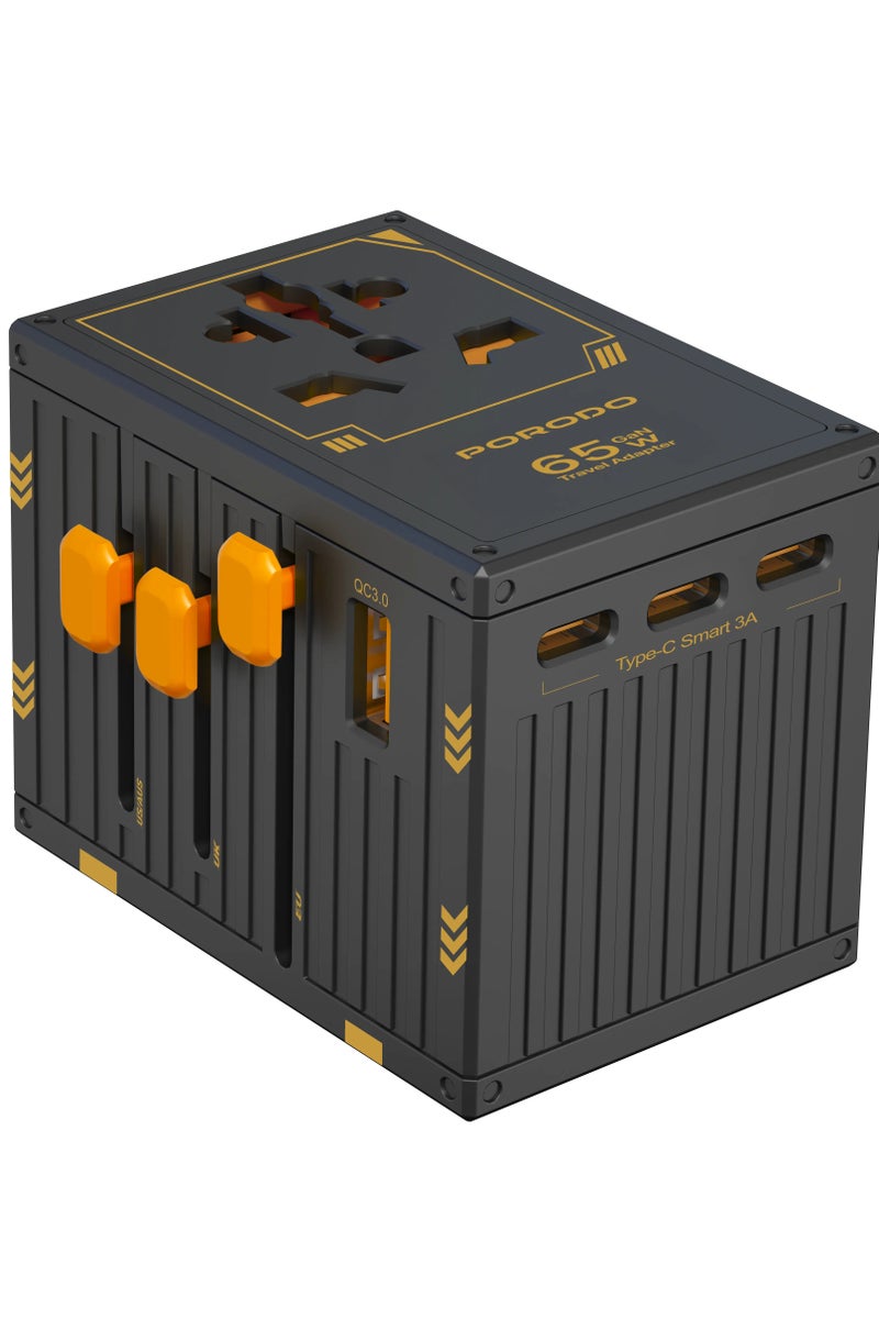 porodo GaN 5-Port Travel Block Universal Charger 2500W/ 4 USB-C/ 1 USB-A / UK/EU/US & AU Plugs / Built-in Safeguards/ 150+ Countries / Dual Fuse / PD 65W / Compact and Travel Friendly Wall Charger - Black - Image 1