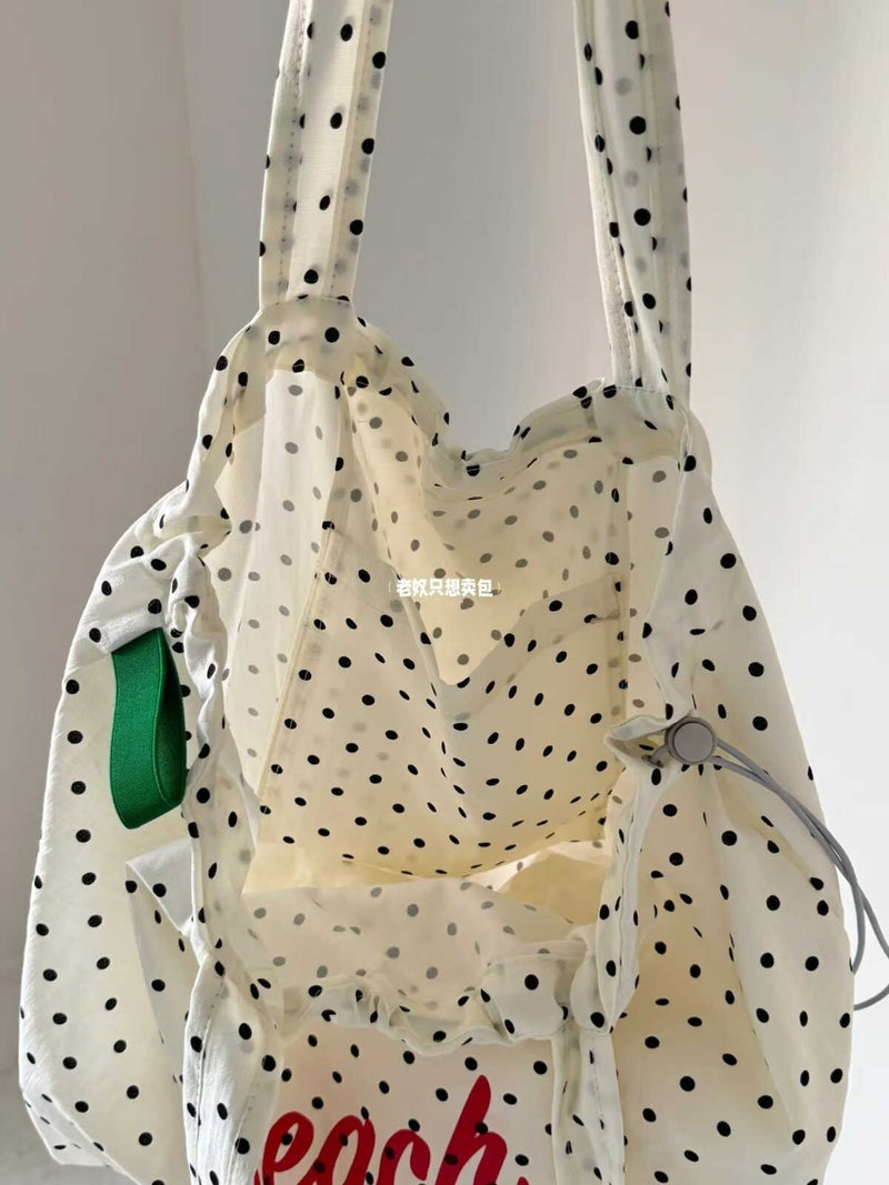Korean Blogger Ins Wave Dot Letter Printed Shoulder Tote Bag Drawstring Large Capacity Canvas Bag Commuter Shopping Bag - Image 1