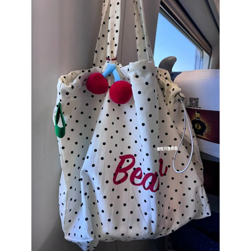 Korean Blogger Ins Wave Dot Letter Printed Shoulder Tote Bag Drawstring Large Capacity Canvas Bag Commuter Shopping Bag - Image 4