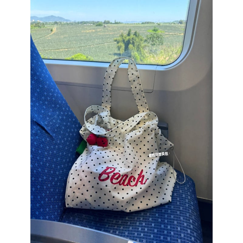 Korean Blogger Ins Wave Dot Letter Printed Shoulder Tote Bag Drawstring Large Capacity Canvas Bag Commuter Shopping Bag - Image 3
