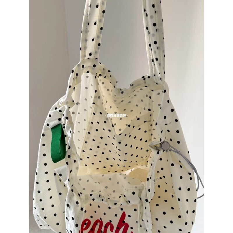 Korean Blogger Ins Wave Dot Letter Printed Shoulder Tote Bag Drawstring Large Capacity Canvas Bag Commuter Shopping Bag - Image 5