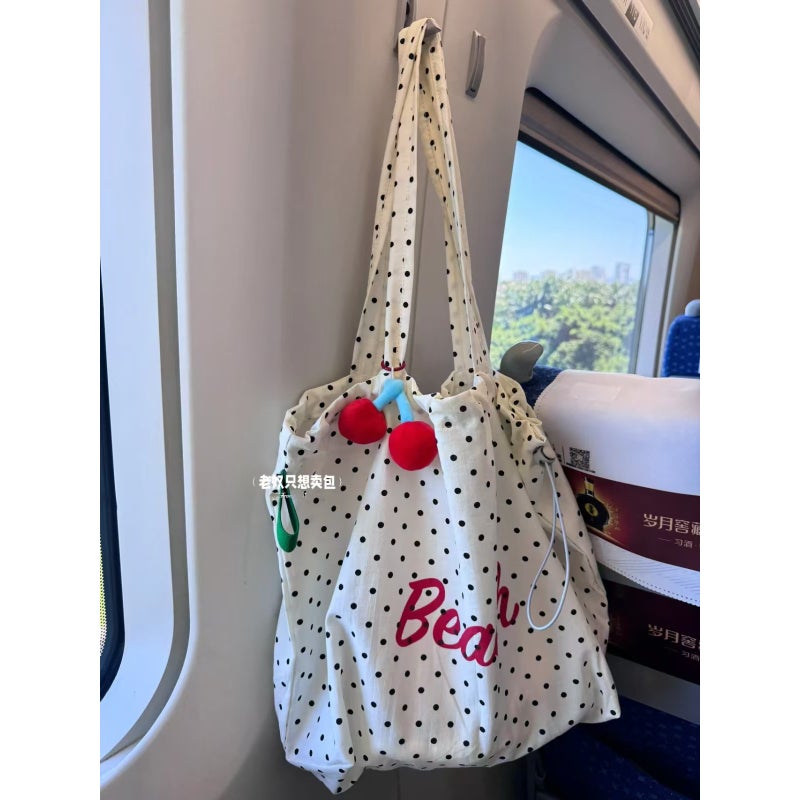 Korean Blogger Ins Wave Dot Letter Printed Shoulder Tote Bag Drawstring Large Capacity Canvas Bag Commuter Shopping Bag - Image 2