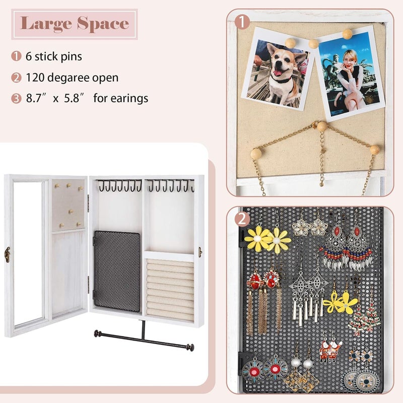 Keebofly Wall Mounted Jewelry Organizer With Rustic Wood Large Space Jewelry Cabinet, Holder, Storage Box for Necklaces, Earrings, Bracelets, Ring Holder, and Accessories White - Image 4