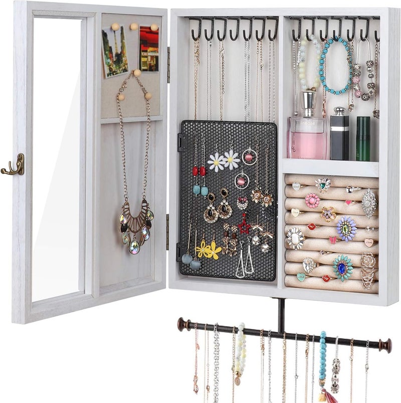 Keebofly Wall Mounted Jewelry Organizer With Rustic Wood Large Space Jewelry Cabinet, Holder, Storage Box for Necklaces, Earrings, Bracelets, Ring Holder, and Accessories White - Image 1