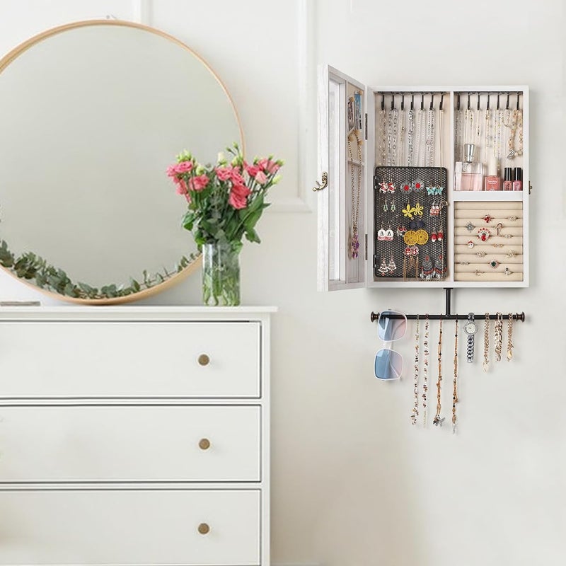 Keebofly Wall Mounted Jewelry Organizer With Rustic Wood Large Space Jewelry Cabinet, Holder, Storage Box for Necklaces, Earrings, Bracelets, Ring Holder, and Accessories White - Image 3