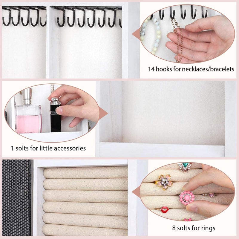 Keebofly Wall Mounted Jewelry Organizer With Rustic Wood Large Space Jewelry Cabinet, Holder, Storage Box for Necklaces, Earrings, Bracelets, Ring Holder, and Accessories White - Image 5