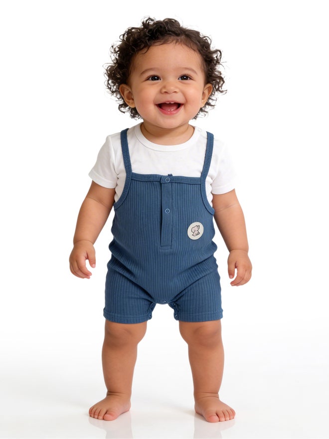 Babies Basic Premium Ribbed Cotton Dungaree with Short Sleeves T-Shirt - Image 1