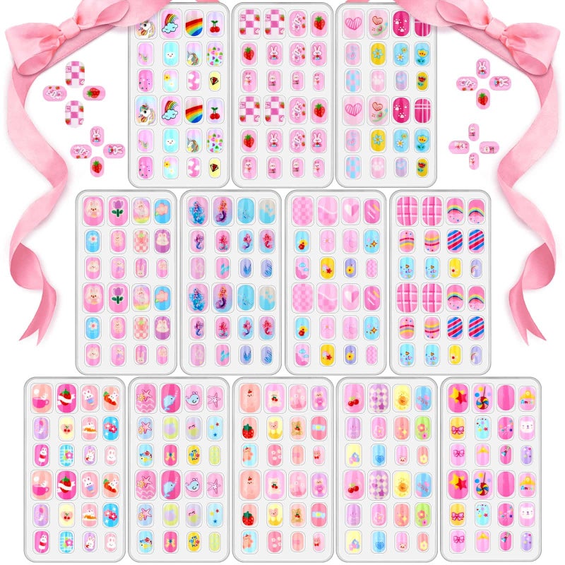 Acejoz 288 Pieces Kids Nails Press ons for Girls, Acejoz Fake Nail Set Pre Glue Stick on Short Nails for Children Little Girls 8-12 Year Nail Art Decoration - Image 1