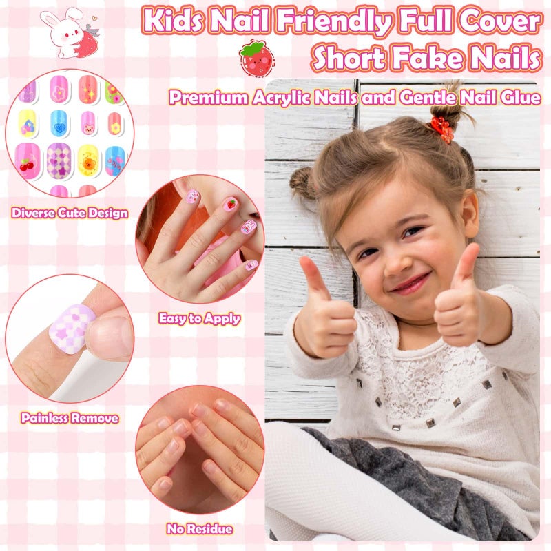 Acejoz 288 Pieces Kids Nails Press ons for Girls, Acejoz Fake Nail Set Pre Glue Stick on Short Nails for Children Little Girls 8-12 Year Nail Art Decoration - Image 5