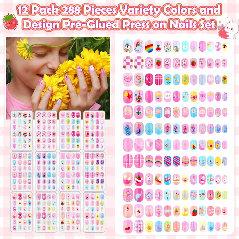 Acejoz 288 Pieces Kids Nails Press ons for Girls, Acejoz Fake Nail Set Pre Glue Stick on Short Nails for Children Little Girls 8-12 Year Nail Art Decoration - Image 4