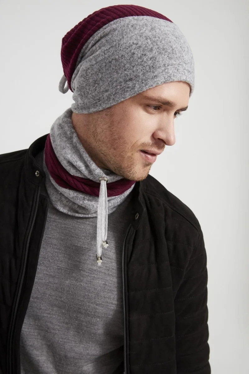 Butikgiz Burgundy Gray Men's Young Best Of Burgundy Gray Hat Beret Neck Collar Suit Sports Comfortable Cotton Thermal